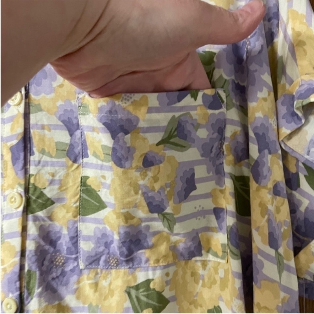 LulaRoe size small yellow and purple floral and stripes button down shirt - Picture 2 of 5